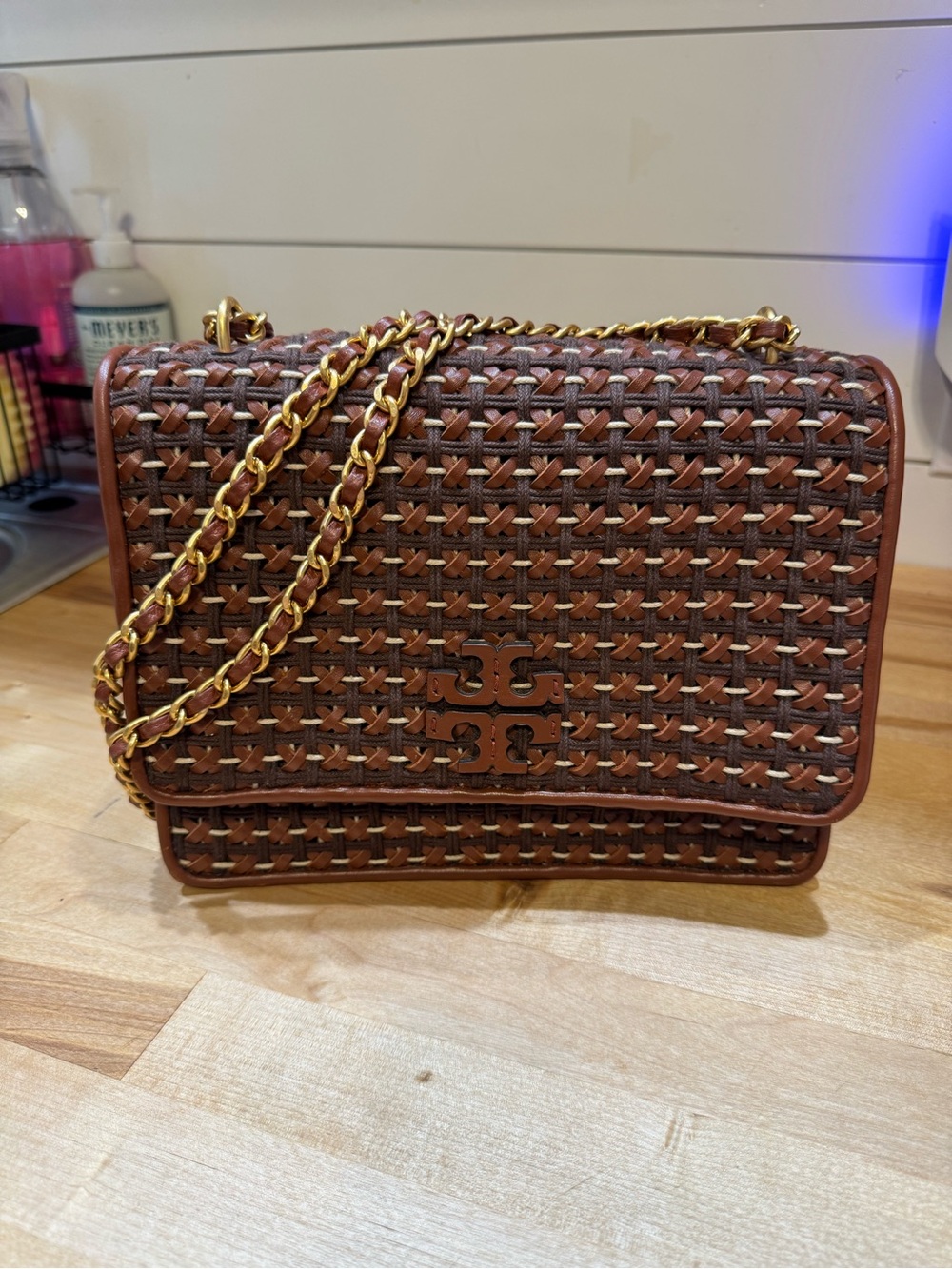 Tory Burch sold out Brixley Woven Leather Crossbody Bag with Gold Chain